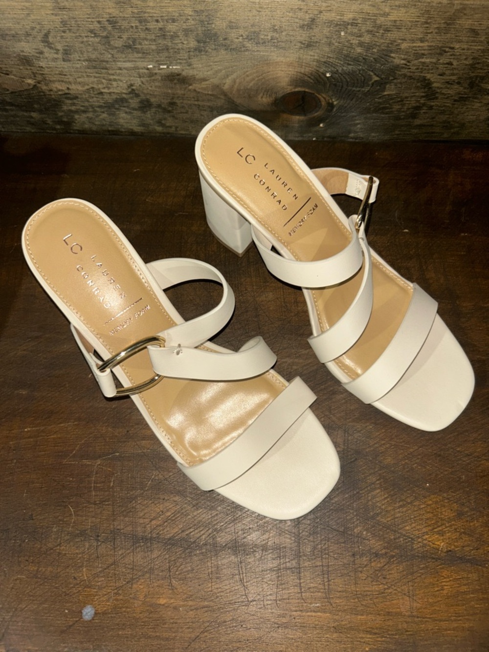 LC Lauren Conrad Cream Triple-Strap Block Heel Sandals